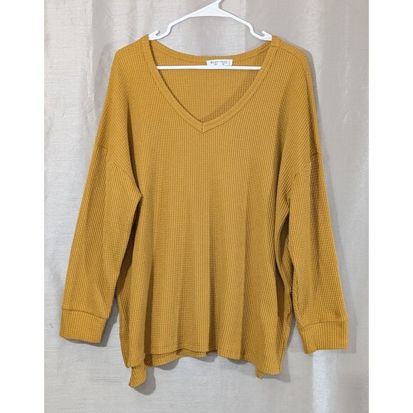 Workshop Republic Women's Top 2X Mustard Yellow V-Neck Long Sleeve Waffle Tee - Picture 1 of 13